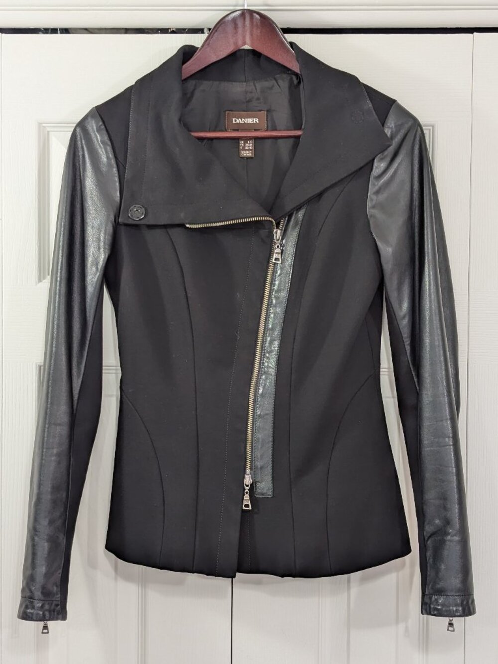 Danier Black Asymetric Zip Women's Jacket with Italian Leather Sleeves